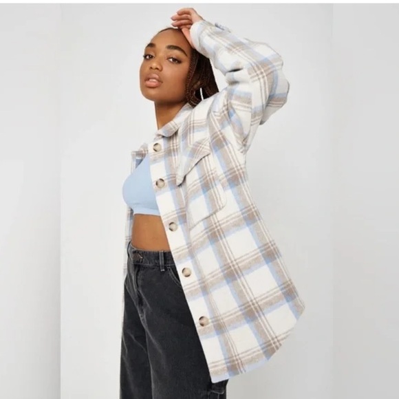 Garage Cream Light Blue Plaid Vicinity Oversized Quilted Shacket Size Medium - Picture 1 of 12
